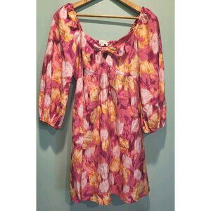 Pink Yellow Abstract Babydoll Puff Sleeve Dress Sz M Loft Fairy Y2K